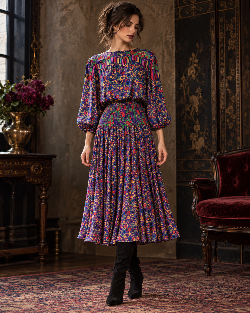 Vintage 80s Diane Freis Floral Georgette Dress Smocked Waist Pleated Midi